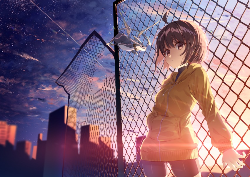 1girl ahoge backlighting bike_shorts broken_fence brown_eyes brown_hair chain-link_fence commentary_request dragon fence hand_in_pocket hood hoodie kuu_(under_night_in-birth) linne_(under_night_in-birth) looking_at_viewer short_hair solo_focus sunset under_night_in-birth yusano