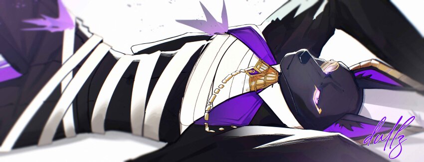 1boy absurdres animal_ears black_coat black_pants closed_mouth coat daru808080 dislyte drew_(anubis)_(dislyte) furry furry_male highres jackal_boy jackal_ears looking_at_viewer lying male_focus monocle on_back pants signature white_background