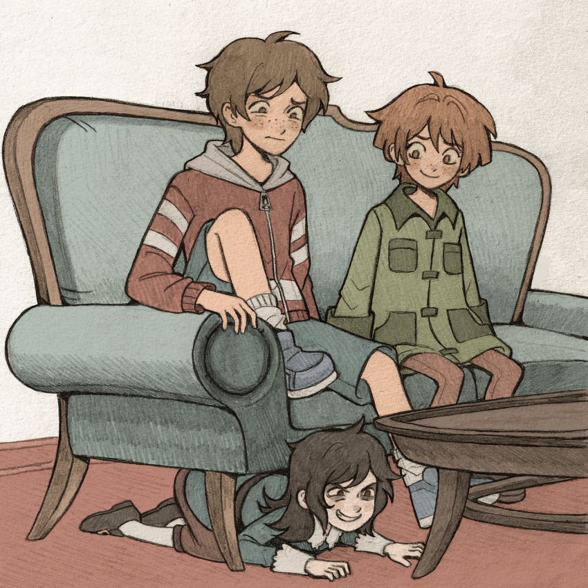 1girl 2boys abaddon_(haunted_hotel) abaddon_(human)_(haunted_hotel) bags_under_eyes ben_freeling brother_and_sister brown_eyes brown_hair child coat commentary couch crawling derivative_work english_commentary esther_freeling freckles green_coat haunted_hotel highres indoors jacket knee_up looking_at_another multiple_boys on_couch red_jacket screenshot_redraw short_hair shorts siblings sitting szivarvanyturmix02 table