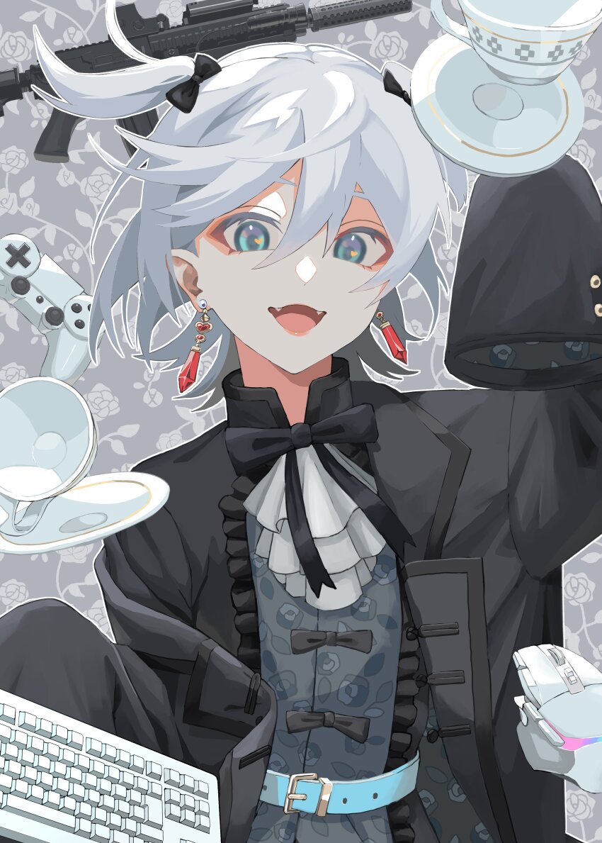 1girl absurdres ascot belt black_bow black_bowtie black_coat bow bowtie coat commentary computer_keyboard computer_mouse controller cup earrings fangs game_controller green_eyes grey_hair gun hair_bow hashtag-only_commentary highres indie_virtual_youtuber jewelry looking_at_viewer mujikuro nekomugi_tororo open_mouth sleeves_past_fingers sleeves_past_wrists solo virtual_youtuber weapon white_ascot