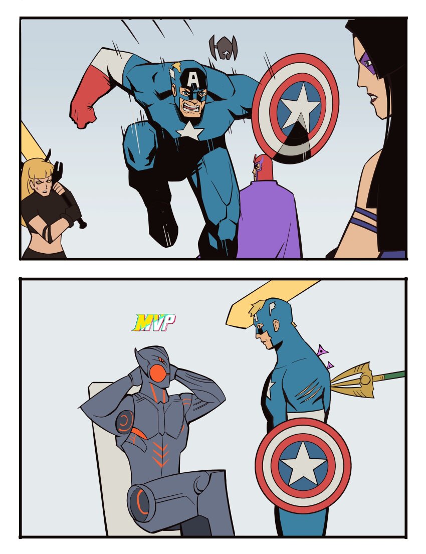 2girls absurdres avengers_(series) black_hair blonde_hair boonie_(bonnydada8) captain_america highleg highleg_leotard highres holding holding_sword holding_weapon leotard long_hair looking_at_viewer magik_(x-men) magneto marvel marvel_rivals multiple_girls psylocke psylocke_(vengeance) purple_eyes shield superhero_costume sword ultron weapon x-men