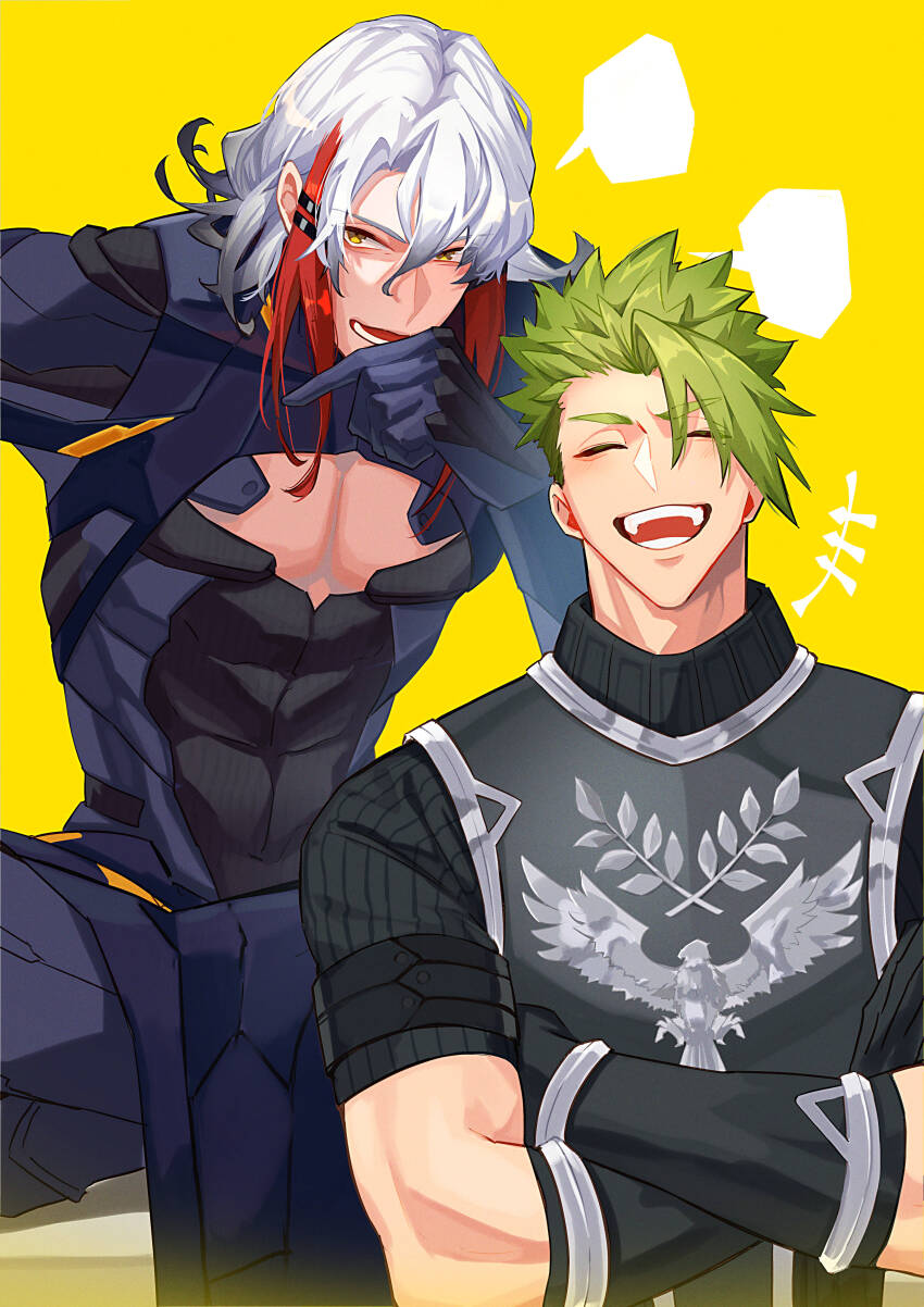 2boys absurdres achilles_(fate) armor black_shirt blank_speech_bubble brown_eyes closed_eyes crossed_arms fate/grand_order fate_(series) green_hair grey_hair hair_between_eyes haruakira highres laughing male_focus multicolored_hair multiple_boys muscular muscular_male odysseus_(fate) pectoral_cleavage pectorals ribbed_shirt shirt short_sleeves speech_bubble streaked_hair teeth undercut yellow_background