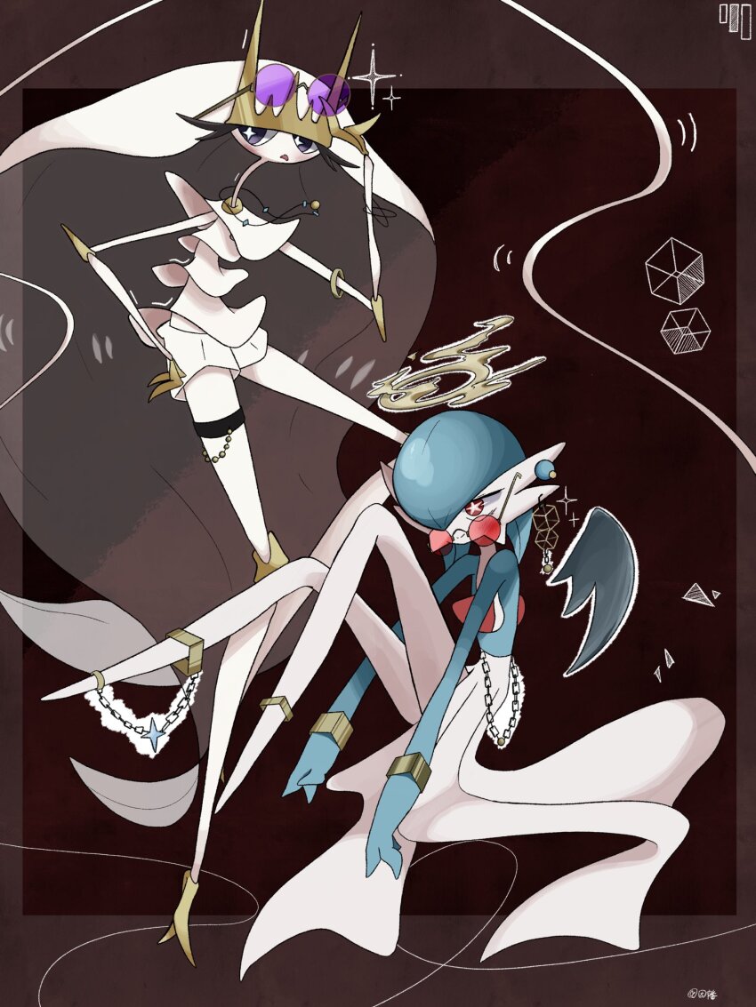 alternate_color blue_hair blue_skin bob_cut colored_skin dress eyewear_on_head gardevoir gen_3_pokemon gen_7_pokemon hair_over_one_eye highres inb795 multicolored_skin nintendo pheromosa pokemon pokemon_(creature) purple-tinted_eyewear shiny_pokemon tinted_eyewear two-tone_skin ultra_beast white_dress white_skin