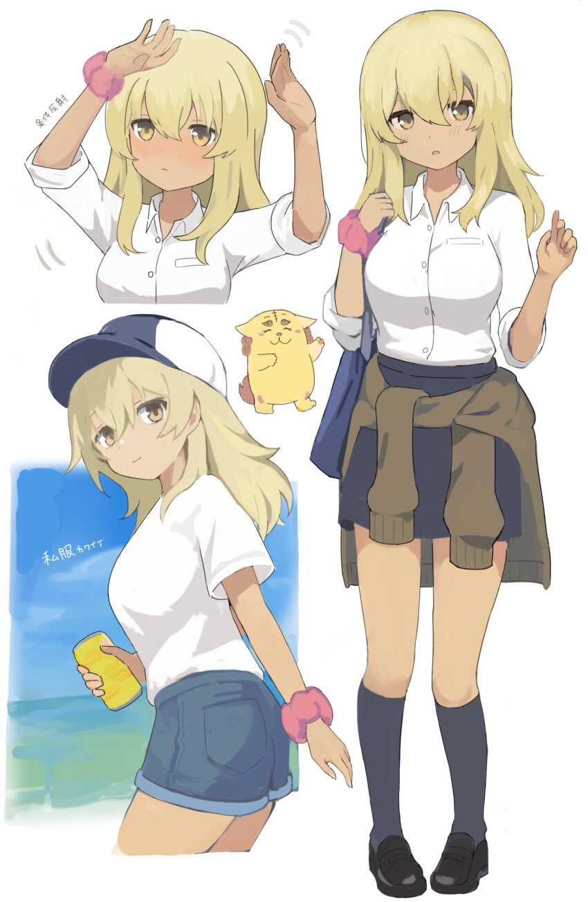 1girl bag baseball_cap black_shoes black_skirt black_socks blonde_hair blush breasts brown_cardigan can cardigan cardigan_around_waist clothes_around_waist collared_shirt commentary_request cropped_legs cropped_torso dancing denim denim_shorts full_body hair_between_eyes hands_up hat higa_kana highres holding holding_can loafers long_hair looking_at_viewer medium_breasts multiple_views okinawa_de_suki_ni_natta_ko_ga_hougen_sugite_tsurasugiru onigiri_noe parted_lips pink_scrunchie school_bag school_uniform scrunchie shiisaa shirt shirt_tucked_in shoes shorts simple_background skirt socks tan translation_request white_background white_shirt wrist_scrunchie yellow_eyes