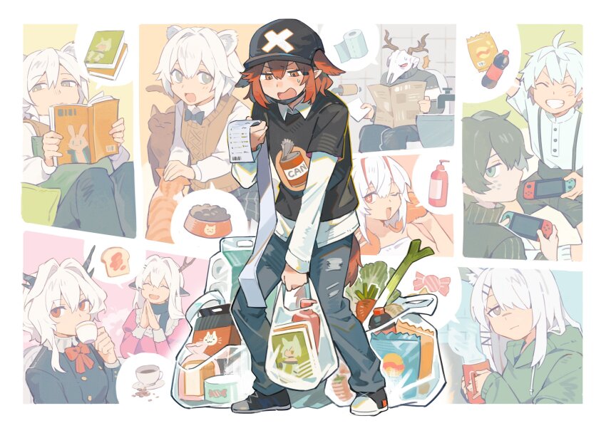 4boys 6+girls absurdres ahoge alina_(arknights) angry animal_ears antenna_hair antlers arknights bag bag_of_chips baseball_cap bathroom bear_ears black_hair black_hat black_pants black_shirt black_shorts black_sweater blue_background blue_eyes book border bow bowtie bread bread_slice bright_pupils brown_vest buttons candy carrot chinese_commentary closed_eyes collared_shirt commentary_request cowboy_shot crownslayer_(arknights) cup denim dopperu_ben double-breasted extra_ears faust_(arknights) feet_out_of_frame food full_body green_background green_hoodie green_vest grey_eyes grin hair_intakes hair_over_one_eye handheld_game_console hat highres holding holding_book holding_cup holding_handheld_game_console holding_newspaper hood hoodie horns hyena_ears jeans lace-trimmed_collar lace_trim long_sleeves looking_at_another looking_at_viewer looking_down mephisto_(arknights) misha_(arknights) mug multiple_boys multiple_girls newspaper nintendo_switch open_mouth orange_background outline own_hands_together pants patriot_(arknights) pet_food pillow pink_background pink_shirt pointy_ears rabbit_ears reading red_background red_bow red_bowtie red_eyes red_hair scales shampoo shirt shoes shopping_bag short_hair shorts simple_background sink skullshatterer_(arknights) smile sneakers soda_bottle speech_bubble spring_onion steam suspender_shorts suspenders sweater talulah_(arknights) teacup tile_wall tiles toast toilet_paper torn_clothes torn_jeans torn_pants towel undershirt upper_body vest w_(arknights) wendigo white_background white_hair white_pupils white_shirt wrapped_candy yellow_background