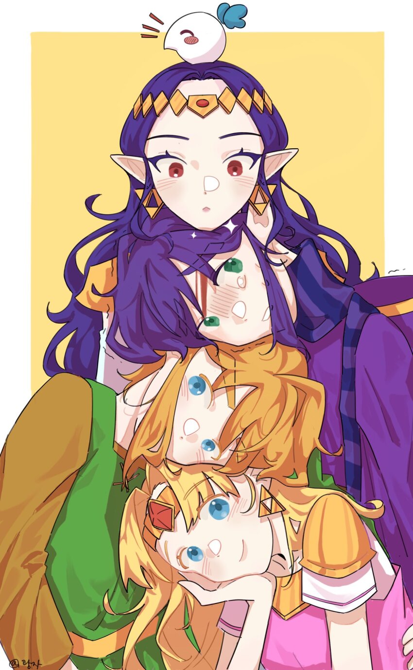 2boys 2girls belt bird blonde_hair blue_eyes blush_stickers border circlet dress earrings green_eyes hat highres jewelry leaning_forward link long_hair looking_at_another looking_at_viewer looking_down multiple_boys multiple_girls nintendo princess_hilda princess_zelda purple_hair ravio red_eyes robe sheerow smile the_legend_of_zelda the_legend_of_zelda:_a_link_between_worlds tiara triforce tunic white_border yellow_background