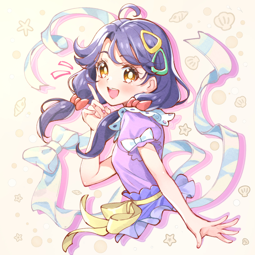 1girl :d ahoge bow brown_eyes cropped_torso drop_shadow hair_bow hair_ornament hairclip hand_up highres index_finger_raised low_twintails medium_hair open_mouth precure puffy_short_sleeves puffy_sleeves purple_hair purple_shirt purple_skirt ribbon rice_rabbit22 shirt short_sleeves simple_background skirt smile solo star_(symbol) suzumura_sango teeth tropical-rouge!_precure twintails upper_teeth_only white_background white_ribbon yellow_ribbon