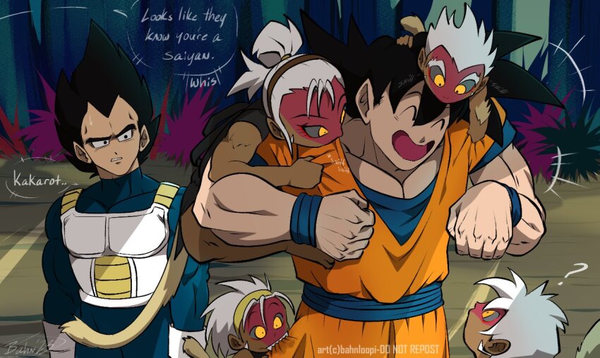 1girl 5boys ^_^ alternate_universe bahnloopi biting biting_clothes black_eyes black_hair blue_shirt child closed_eyes colored_sclera colored_skin concept_art dark-skinned_female dark-skinned_male dark_skin dougi dragon_ball dragon_ball_super grey_sclera hairband jungle martial_arts_belt multiple_boys nature orange_tunic orange_uniform out_of_frame purple_leaves red_skin saiyan shirt signature smelling smelling_clothes smile son_goku spiked_hair sweatdrop talking thick_eyebrows topknot tree tunic vegeta whis white_hair wristband yellow_eyes yellow_fur