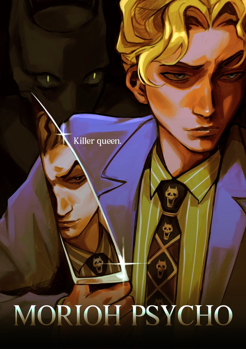 1boy american_psycho black_necktie blonde_hair diamond_wa_kudakenai different_reflection formal_clothes highres holding holding_knife jojo_no_kimyou_na_bouken kawajiri_kosaku killer_queen kira_yoshikage knife male_focus movie_poster necktie reflection reflective_weapon skull_print solo stand_(jojo) suit yissopiart