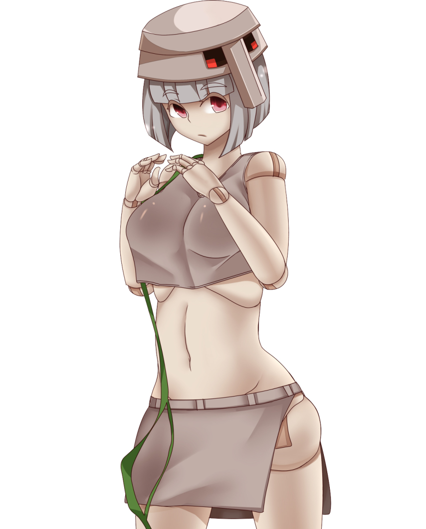1girl at2. blunt_bangs bowl_cut breasts crop_top doll_joints grey_hair highres iron_golem_(minecraft) joints large_breasts looking_at_viewer minecraft mob_talker navel personification red_eyes short_hair solo