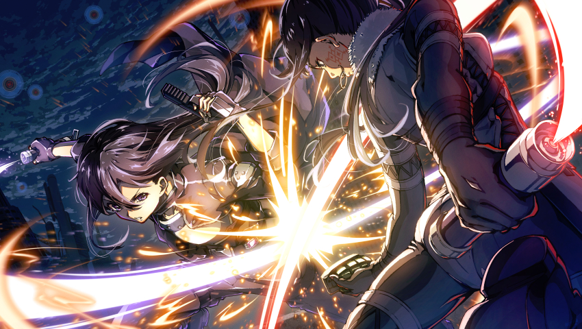1girl absurdres armor asymmetrical_dual_wielding black_bodysuit black_coat black_gloves black_hair bodysuit coat dual_wielding duel energy_sword explosive facial_tattoo fighting fingerless_gloves gloves grenade grenade_pin_in_mouth gun handgun highres holding holding_grenade holding_gun holding_weapon in-franchise_crossover kirito long_hair oboro_neko outdoors pitohui_(sao) ponytail sparks sword sword_art_online sword_art_online_alternative:_gun_gale_online tattoo weapon
