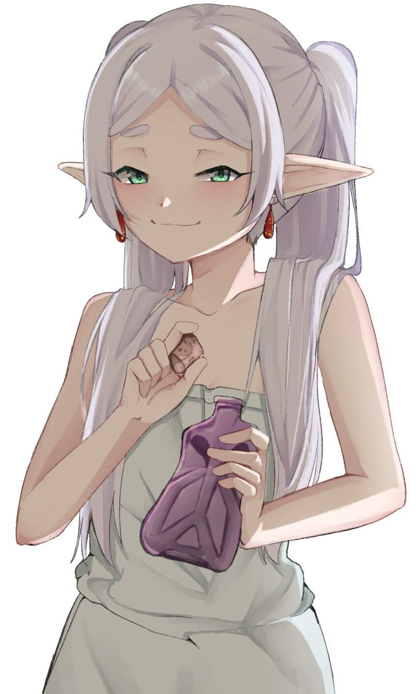 1girl bare_arms bare_shoulders blush bottle closed_mouth collarbone cowboy_shot dot_nose dress earrings elf eyelashes female_focus flat_chest frieren green_eyes holding holding_bottle jewelry long_hair long_pointy_ears looking_at_viewer meemz_a naughty_face pointy_ears simple_background sleeveless sleeveless_dress smile smug solo sousou_no_frieren standing thick_eyebrows twintails white_background white_dress white_hair