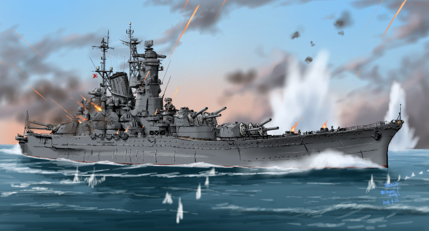 battleship cannon commission firing highres imperial_japanese_navy military military_vehicle muzzle nendoyo no_humans ocean original ship skeb_commission smoke vehicle_focus warship watercraft waves world_war_ii yamato_(battleship)