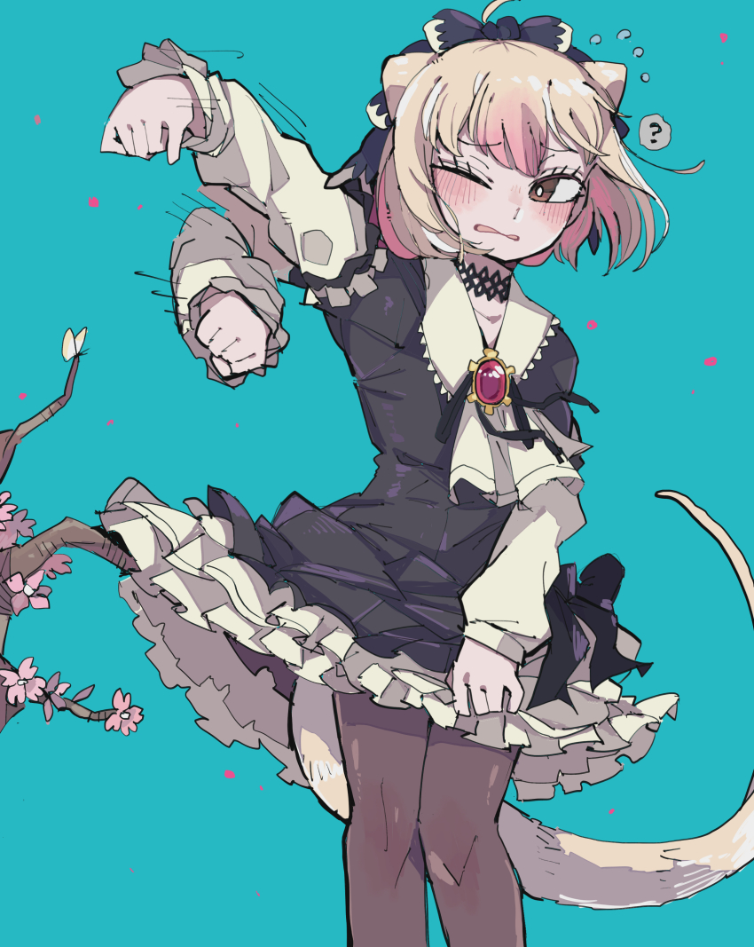 1girl ? absurdres animal_ears black_bow blonde_hair blue_background bow bright_pupils brown_eyes brown_pantyhose hair_bow highres kanmoku-san kemono_friends long_sleeves looking_away multicolored_hair one_eye_closed pantyhose pink_hair short_hair silky_anteater_(kemono_friends) simple_background solo speech_bubble spoken_question_mark tail two-tone_hair white_pupils