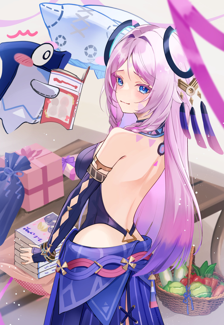 1girl absurdres backless_leotard bare_back bare_shoulders basket black_gloves black_leotard blue_eyes blush book book_stack braid cabbage citlali_(genshin_impact) closed_mouth commentary_request fingerless_gloves genshin_impact gift gloves highres holding holding_book itzpapa_(genshin_impact) leotard long_hair looking_at_viewer looking_back marufus multicolored_hair pillow pink_hair pink_pupils potato purple_hair purple_skirt radish skirt solo tomato twin_braids very_long_hair wicker_basket