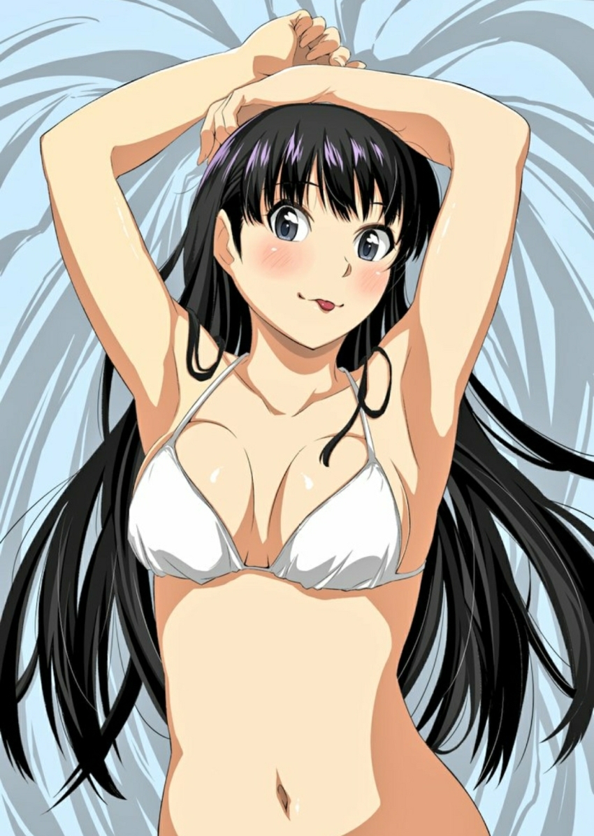 1girl amagami armpits arms_up ayatsuji_tsukasa bed_sheet bikini black_eyes black_hair blush breasts breasts_apart collarbone commentary commission from_above highres jishaku_(user_rcuz2843) long_hair looking_at_viewer medium_breasts navel skeb_commission solo swimsuit tongue tongue_out upper_body white_bikini