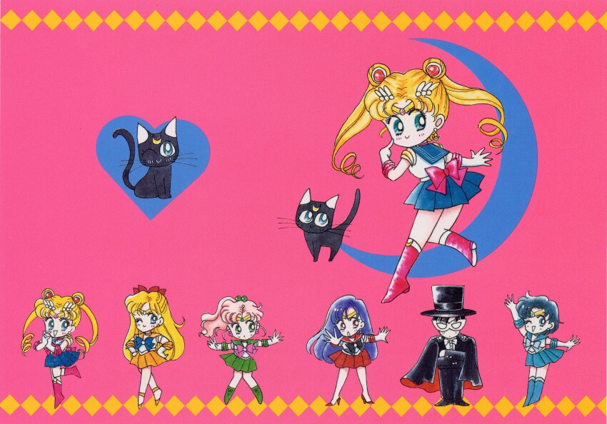 1990s_(style) 1boy 5girls :d ;) ;d absurdres animal artbook bishoujo_senshi_sailor_moon black_cape black_cat black_hair black_hat black_pants black_shoes blonde_hair blue_boots blue_eyes blue_hair blue_sailor_collar blue_skirt boots bow bowtie cape cat chiba_mamoru chibi chibi_only crescent crescent_earrings crescent_facial_mark double_bun earrings facial_mark forehead_mark green_boots green_eyes green_sailor_collar green_skirt hair_bun hat hat_ribbon highres inner_senshi jewelry leg_up long_hair looking_back luna_(sailor_moon) mask multiple_girls official_alternate_hair_color official_art one_eye_closed open_mouth orange_sailor_collar orange_shoes orange_skirt pale_skin pants pink_background pink_hair pleated_skirt ponytail purple_hair red_boots red_high_heels red_sailor_collar red_skirt retro_artstyle ribbon sailor_collar sailor_senshi sailor_senshi_uniform scan shoes short_hair skirt smile straight_hair takeuchi_naoko top_hat tsukino_usagi tuxedo tuxedo_kamen very_short_hair white_bow white_bowtie white_mask