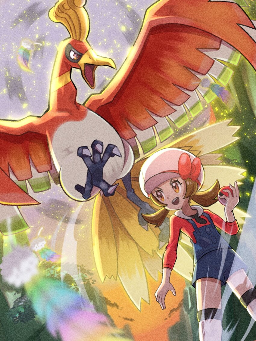 bow brown_hair forest gen_2_pokemon hair_bow hat highres ho-oh inana_umi legendary_pokemon lyra_(pokemon) nature nintendo overalls poke_ball pokemon pokemon_(creature) pokemon_hgss rainbow_feather_(pokemon) short_twintails twintails