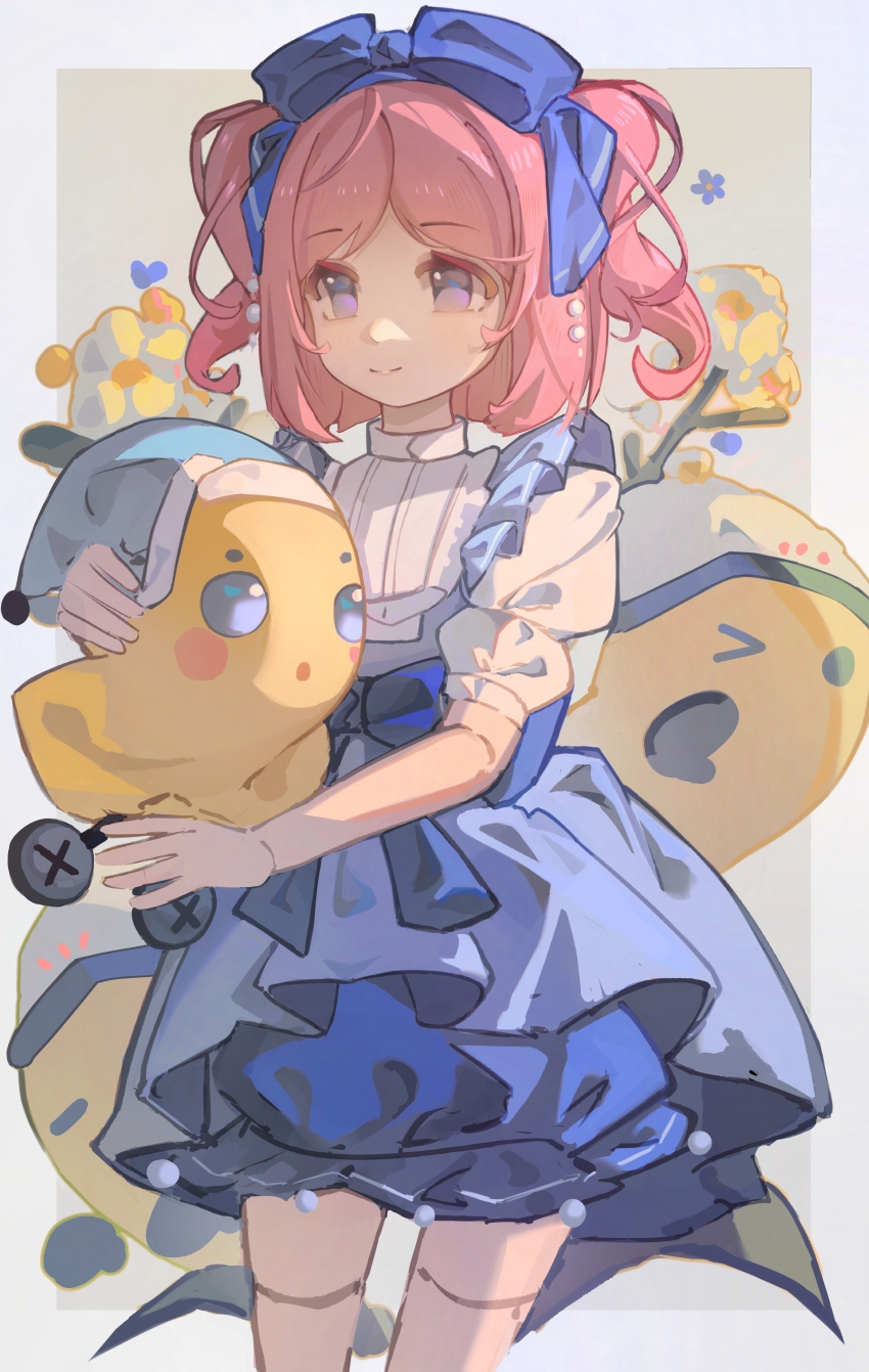 &gt;_o 1girl :o absurdres bare_arms beads blue_border blue_bow blue_dress blue_eyes blue_flower blue_headscarf blue_skirt blush_stickers border bow bubble&#039;s_hometown_(infinity_nikki) bubble_skirt chinese_commentary closed_mouth collared_shirt commentary_request cowboy_shot dress eyelashes flower frilled_dress frilled_skirt frills gradient_border grey_background hair_beads hair_bow hair_ornament happy headscarf heart highres hug infinity_nikki large_bow lk_luke loose_hair_strand medium_hair miniskirt nikki_(series) no_mouth one_eye_closed open_mouth outside_border parted_bangs piecey pinafore_dress pink_hair pleated_dress puffy_short_sleeves puffy_sleeves purple_eyes shirt short_dress short_sleeves skirt skirt_under_dress sleeveless sleeveless_dress smile solid_circle_eyes tareme thighhighs two_side_up wavy_hair white_border white_flower white_shirt white_thighhighs zettai_ryouiki