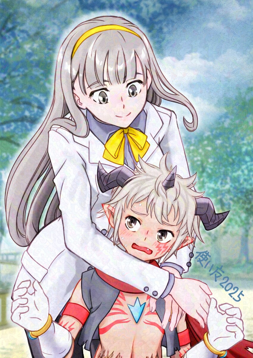 1boy 1girl aegiomon black_vest blurry blurry_background breasts chest_jewel cowboy_shot digimon digimon_(creature) digimon_story:_time_stranger facial_mark gloves goat_horns grey_eyes grey_hair grey_shirt highres horns hug hug_from_behind jacket misono_inori no_shirt pointy_ears shirt tsukaima_(vfcou) vest white_gloves white_jacket