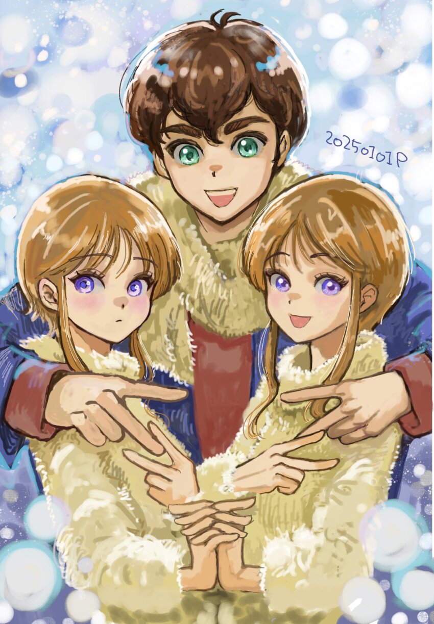 1boy 2girls :d blush brown_hair closed_mouth coat commentary elpeo_puru eyelashes fur_coat green_eyes gundam gundam_zz highres holding_hands judau_ashta long_hair multiple_girls okrdisk2000 open_mouth orange_hair purple_eyes puru_two short_hair siblings sisters smile standing twins yellow_coat