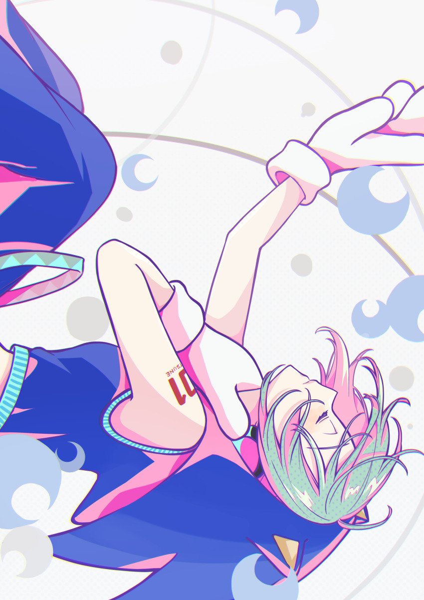 1girl absurdres arm_around_neck arm_up blue_hair closed_eyes cosplay crescent crop_top gloves hatsune_miku hatsune_miku_(sonic_style) highres hood hoodie nagitofuu project_diva_(series) rolling_girl_(vocaloid) sleeveless solo sonic_(series) sonic_the_hedgehog sonic_the_hedgehog_(cosplay) vocaloid