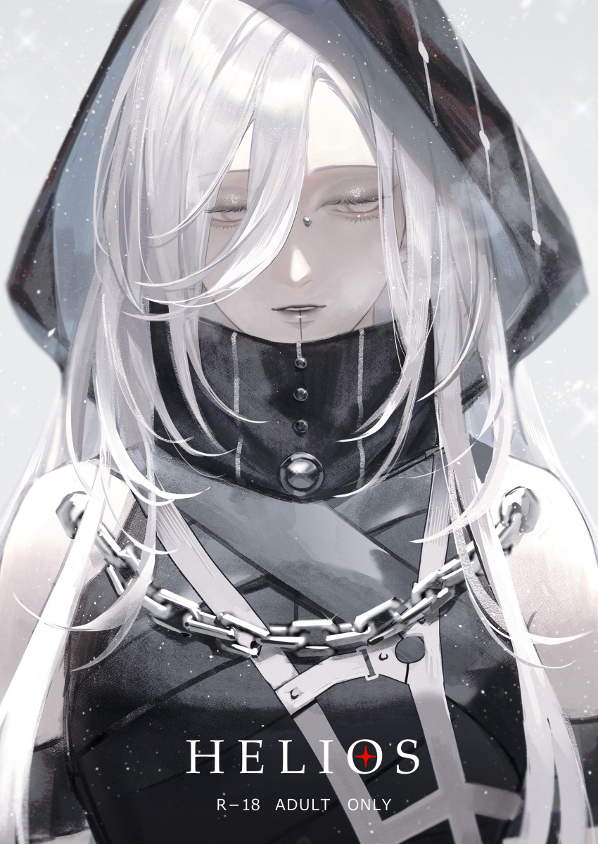 1girl absurdres black_lips bridge_piercing cold content_rating grey_background hair_between_eyes highres hood hoodie light_smile long_hair no_pupils nox_(path_to_nowhere) outdoors parted_lips path_to_nowhere piercing sidelocks simple_background snow solo title toho10min upper_body white_eyes white_hair