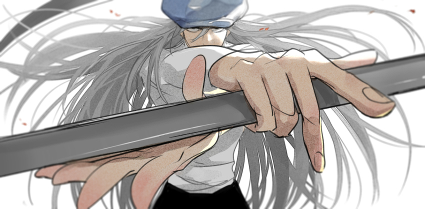 1boy fighting_stance hat holding holding_scythe holding_weapon hunter_x_hunter kilva_lollop kite_(hunter_x_hunter) long_hair looking_at_viewer male_focus scythe shirt solo weapon white_hair white_shirt