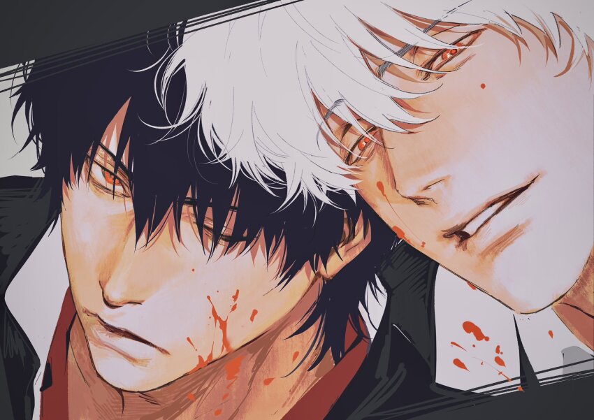 2boys alternate_costume black_hair black_jacket blood blood_on_clothes blood_on_face blood_splatter chimmyming closed_mouth commentary gintama hair_between_eyes highres jacket looking_at_viewer male_focus messy_hair multiple_boys one_eye_closed orange_eyes parted_lips portrait red_eyes red_shirt sakata_gintoki shirt short_hair smile symbol-only_commentary takasugi_shinsuke teeth white_hair