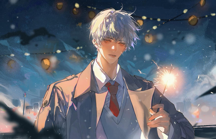 1boy bishounen fireworks highres holding holding_fireworks male_focus messy_hair original outdoors short_hair solo sparkler upper_body white_hair xu_liang