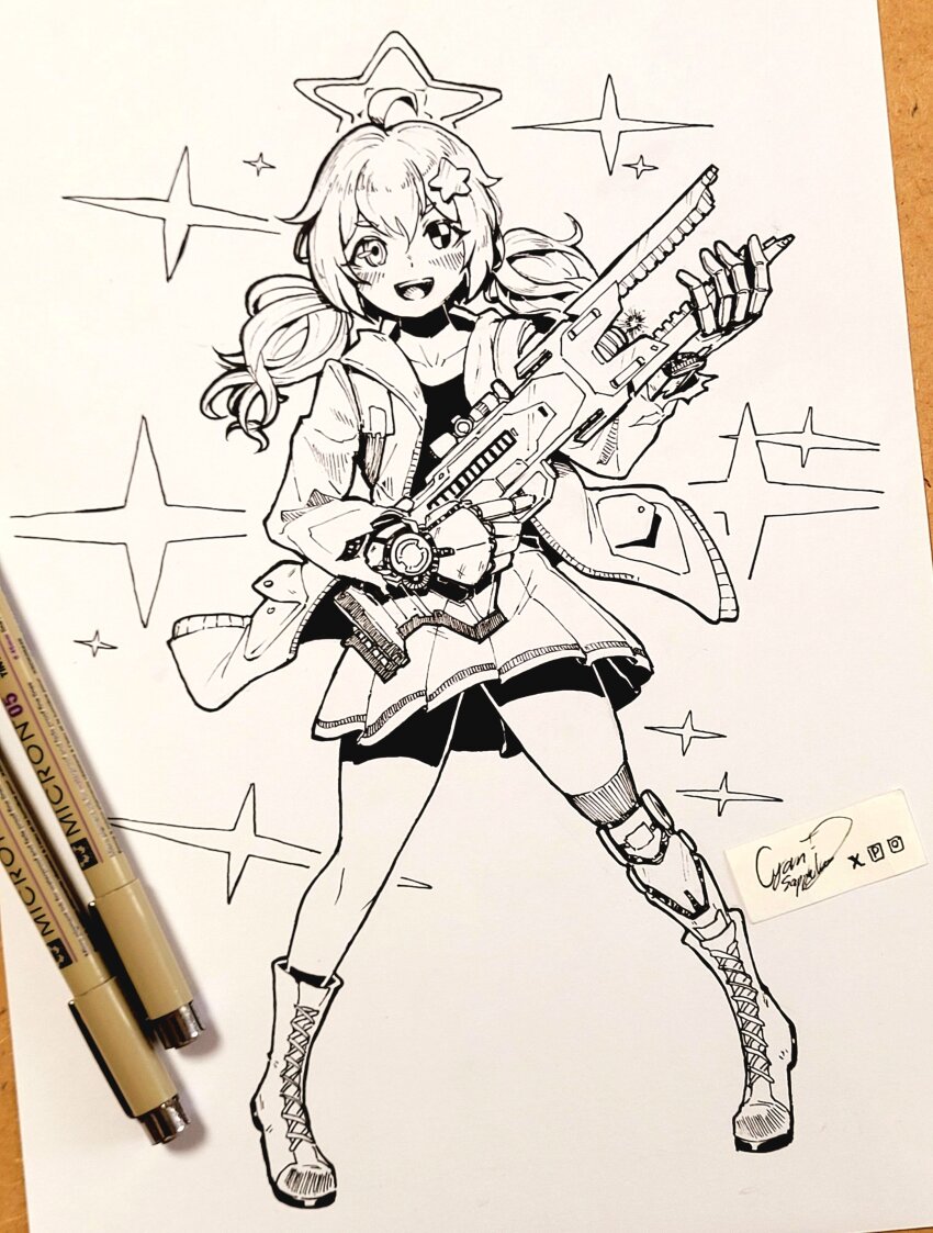 1girl :d absurdres ahoge alternate_costume armored_gloves armored_legwear black_shirt blue_archive bomber_jacket commentary_request cyansapphire gun hair_ornament halo heterochromia highres holding holding_gun holding_weapon jacket long_hair long_sleeves low_twintails monochrome open_mouth pen pen_(medium) pleated_skirt reisa_(blue_archive) shirt simple_background skirt smile solo sparkle standard_manufacturing_dp-12 star_(symbol) star_hair_ornament star_halo traditional_media twintails weapon