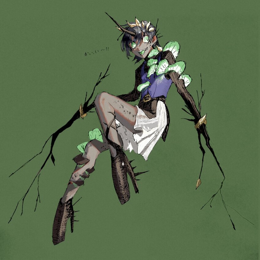 1girl black_hair blue_vest branch colored_tongue dark-skinned_female dark_skin full_body green_background green_eyes green_tongue high_heels highres horns leaf looking_at_viewer momomo_906 monster_girl original plant_girl short_hair simple_background single_horn skirt solo vest white_skirt