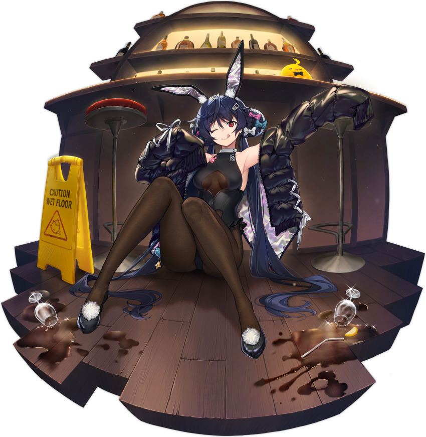 1girl ;q allen_m._sumner_(azur_lane) allen_m._sumner_(charming_rabbit)_(azur_lane) animal_ears armpits arms_up ass azur_lane bare_shoulders black_hair black_jacket black_leotard black_shoes braid braided_bun breasts brown_pantyhose closed_mouth clothing_cutout cup double_bun drinking_glass fake_animal_ears fisheye frills hair_bun highres jacket knees_up leotard long_hair long_sleeves looking_at_viewer medium_breasts nagu off_shoulder official_art on_floor one_eye_closed open_clothes open_jacket pantyhose playboy_bunny rabbit_ears shoes sign sitting smile solo spill tongue tongue_out transparent_background twintails underboob_cutout very_long_hair wet_floor_sign wine_glass