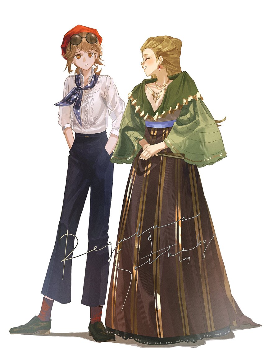 2girls :o alternate_costume bangs_pinned_back beret black_footwear black_pants blonde_hair blue_neckerchief brown_hair brown_skirt character_name closed_eyes collared_shirt earrings eyewear_on_head full_body furrowed_brow green_shirt grin hands_in_pockets hat highres jewelry legs_apart ling_(chaaaaanhikari) long_hair long_skirt looking_at_viewer multiple_girls neckerchief necklace orange_eyes own_hands_together pants polka_dot_neckerchief ponytail profile red_hat red_socks regulus_(reverse:1999) reverse:1999 round_eyewear shirt shirt_tucked_in short_hair short_ponytail skirt smile socks sotheby standing sunglasses white_background white_shirt wide_sleeves