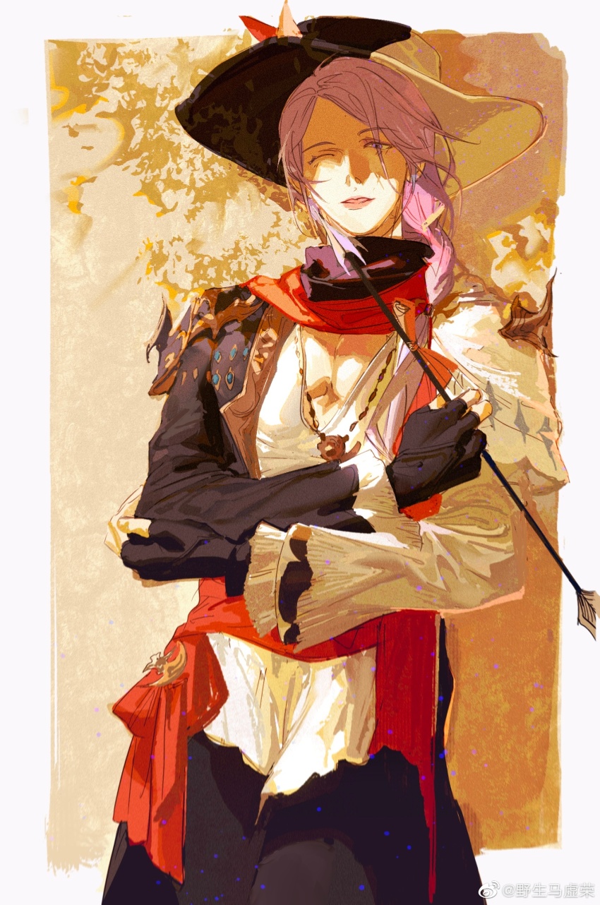 1boy alternate_costume arrow_(projectile) bard_(final_fantasy) bishounen black_gloves black_pants border braid brown_background chinese_commentary commentary_request cowboy_shot final_fantasy final_fantasy_xiv fingerless_gloves gloves hand_on_own_elbow hat highres holding holding_arrow hythlodaeus ink_(303682546) jacket jewelry looking_at_viewer male_focus medium_hair multicolored_jacket one_eye_closed open_mouth pants pectoral_cleavage pectorals pendant purple_eyes purple_hair red_sash sash shade shirt side_braid single_braid sketch smile solo standing watermark weibo_watermark white_border white_shirt