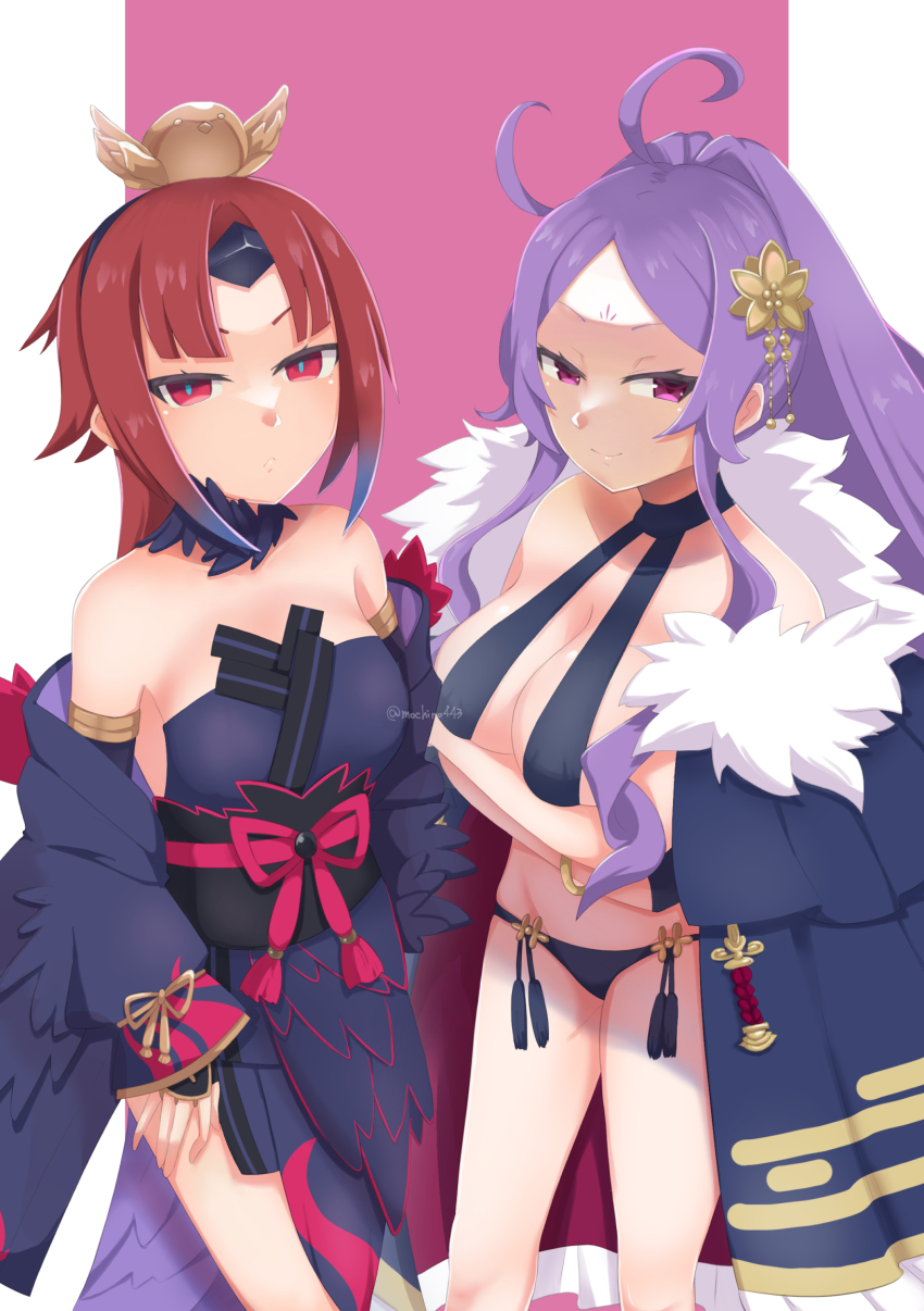 ahoge apron bare_shoulders beni-enma beni-enma_alter bikini bird_hat black_bikini black_cape black_gloves blush breasts brown_headwear cape cleavage collarbone crossed_arms facial_mark fate/grand_order fate_(series) feather_trim flower forehead forehead_mark fur-trimmed_cape fur_trim gloves hair_flower hair_ornament half_gloves highres japanese_clothes kimono large_breasts long_hair long_sleeves looking_at_viewer low_ponytail medium_breasts mun_wa_maro parted_bangs ponytail purple_eyes purple_hair red_eyes red_hair red_kimono sidelocks smile swimsuit thighs very_long_hair white_apron wide_sleeves wu_zetian_(fate) wu_zetian_(swimsuit_caster)_(fate) wu_zetian_(swimsuit_caster)_(third_ascension)_(fate)