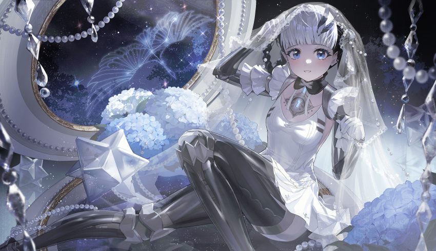 akiyadol bambinata:_vitrum_(swan_lake)_(pgr) bambinata_(pgr) blue_eyes braid crystal flower frills highres looking_at_viewer marionette mechanical_arms mechanical_legs mirror multicolored_hair night night_sky official_art punishing:_gray_raven puppet sitting sky smile star_(sky) starry_sky string_of_pearls twin_braids two-tone_hair veil white_hair
