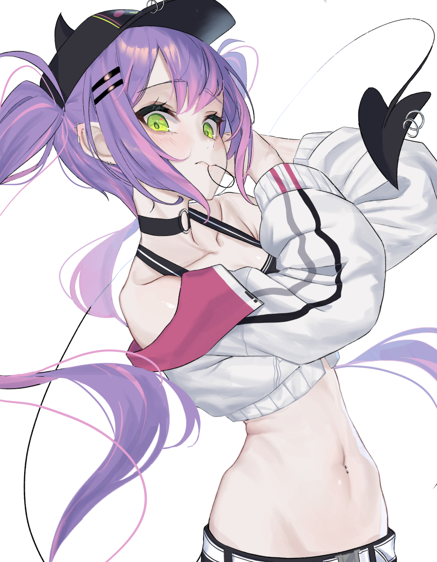 1girl absurdres ayeon bare_shoulders baseball_cap belt black_choker black_hat black_tank_top choker closed_mouth collarbone crop_top cropped_jacket demon_girl demon_tail double-parted_bangs fake_horns green_eyes hair_ornament hair_tie hair_tie_in_mouth hairclip halterneck hat highres hololive horned_hat horned_headwear horns jacket long_hair long_sleeves looking_at_viewer midriff mouth_hold multicolored_hair navel navel_piercing o-ring o-ring_choker off_shoulder piercing pink_hair pointy_ears purple_hair sidelocks simple_background solo streaked_hair tail tail_ornament tail_piercing tank_top tokoyami_towa tokoyami_towa_(1st_costume) twintails very_long_hair virtual_youtuber white_background white_belt white_jacket