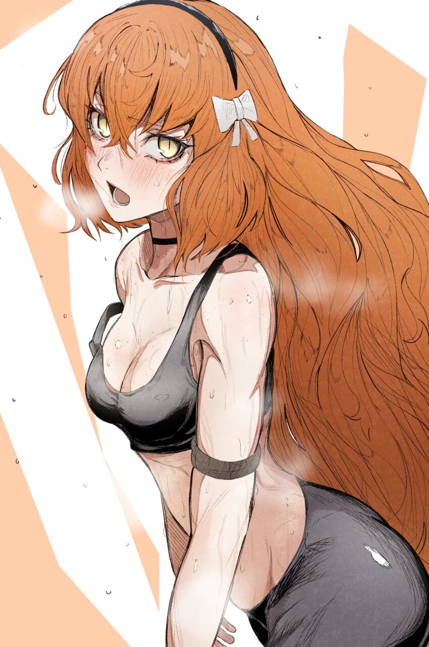 1girl blush bow breasts choker cleavage collarbone freckles hair_bow highres ishmael_(project_moon) limbus_company long_hair looking_at_viewer medium_breasts midriff nb8c project_moon tank_top very_long_hair