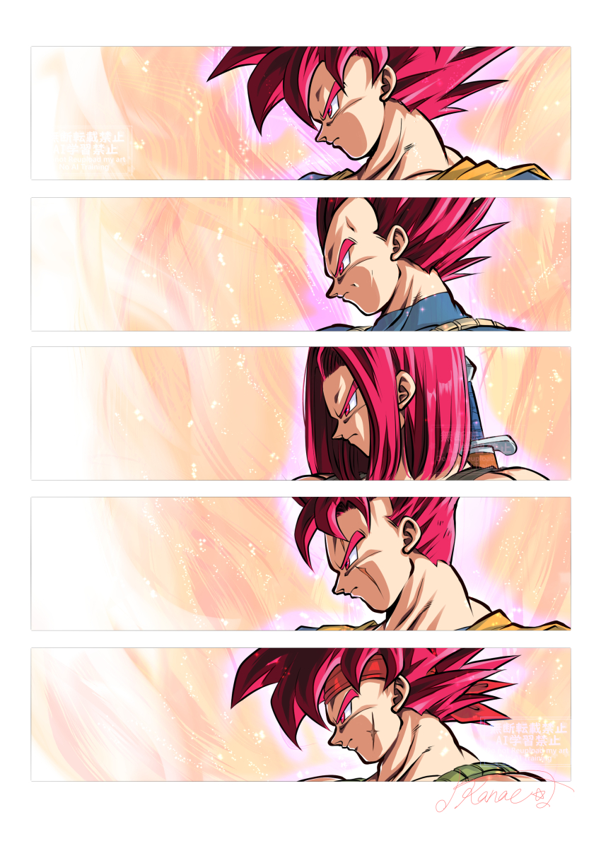 5boys absurdres bandana bardock close-up dragon_ball dragon_ball_heroes dragon_ball_super dragon_ball_super_broly highres kanaetecho male_focus medium_hair multiple_boys profile red_bandana red_eyes red_hair scar scar_on_face son_gohan_(future) son_goku spiked_hair super_saiyan super_saiyan_god trunks_(dragon_ball) trunks_(future)_(dragon_ball) vegeta