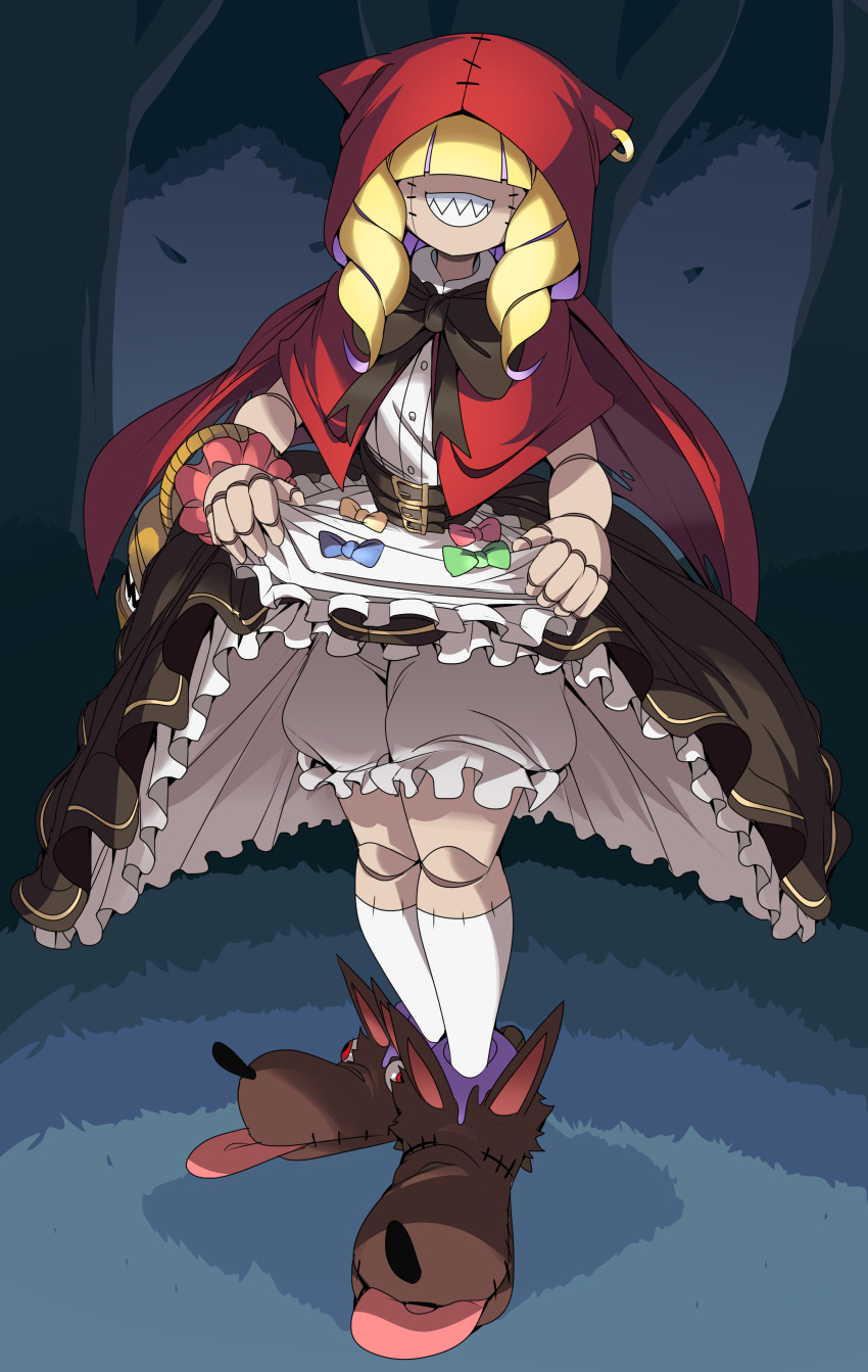 1girl absurdres black_skirt blonde_hair capelet captain_kirb chaperomon clothes_lift digimon digimon_(creature) forest full_body hair_over_eyes highres nature night outdoors puffy_shorts puppet red_capelet red_hood sharp_teeth shirt shorts skirt skirt_lift solo standing stitched_face stitches teeth white_shirt white_shorts