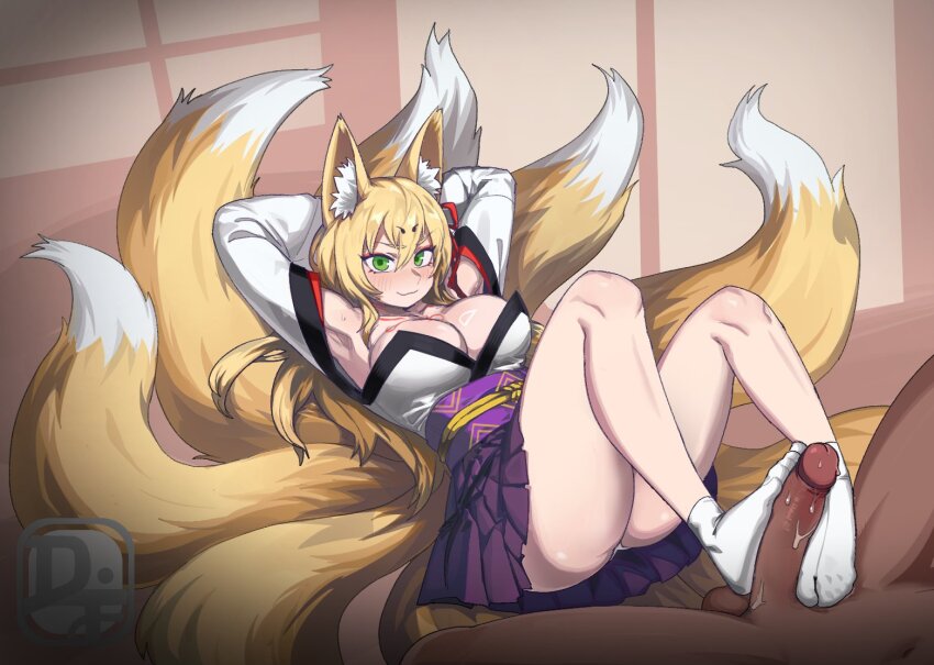 1boy 1girl animal_ear_fluff animal_ears armpits arms_behind_head arms_up blonde_hair blush clothed_female_nude_male difman feet footjob fox_ears fox_girl fox_tail green_eyes hair_between_eyes hakama hakama_skirt hetero indoors japanese_clothes kimono kitsune knees_up large_tail legs_up looking_at_viewer mon-musu_quest! monster_girl multiple_tails nude panties penis sitting skirt smile sock_on_penis sockjob socks sweat tabi tail tamamo_(mon-musu_quest!) underwear white_kimono white_panties white_sleeves