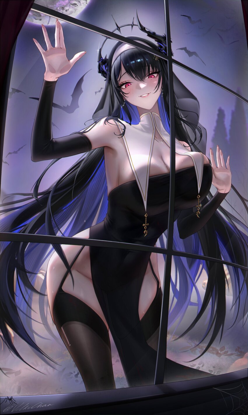 absurdres against_glass bat_(animal) black_hair blue_hair breast_press breasts breasts_on_glass bug cleavage detached_sleeves earrings fingernails highres hololive hololive_english horns jewelry large_breasts long_fingernails long_hair looking_at_viewer moon multicolored_hair nerissa_ravencroft night night_sky nun red_eyes sky spider thighhighs vilkichan virtual_youtuber