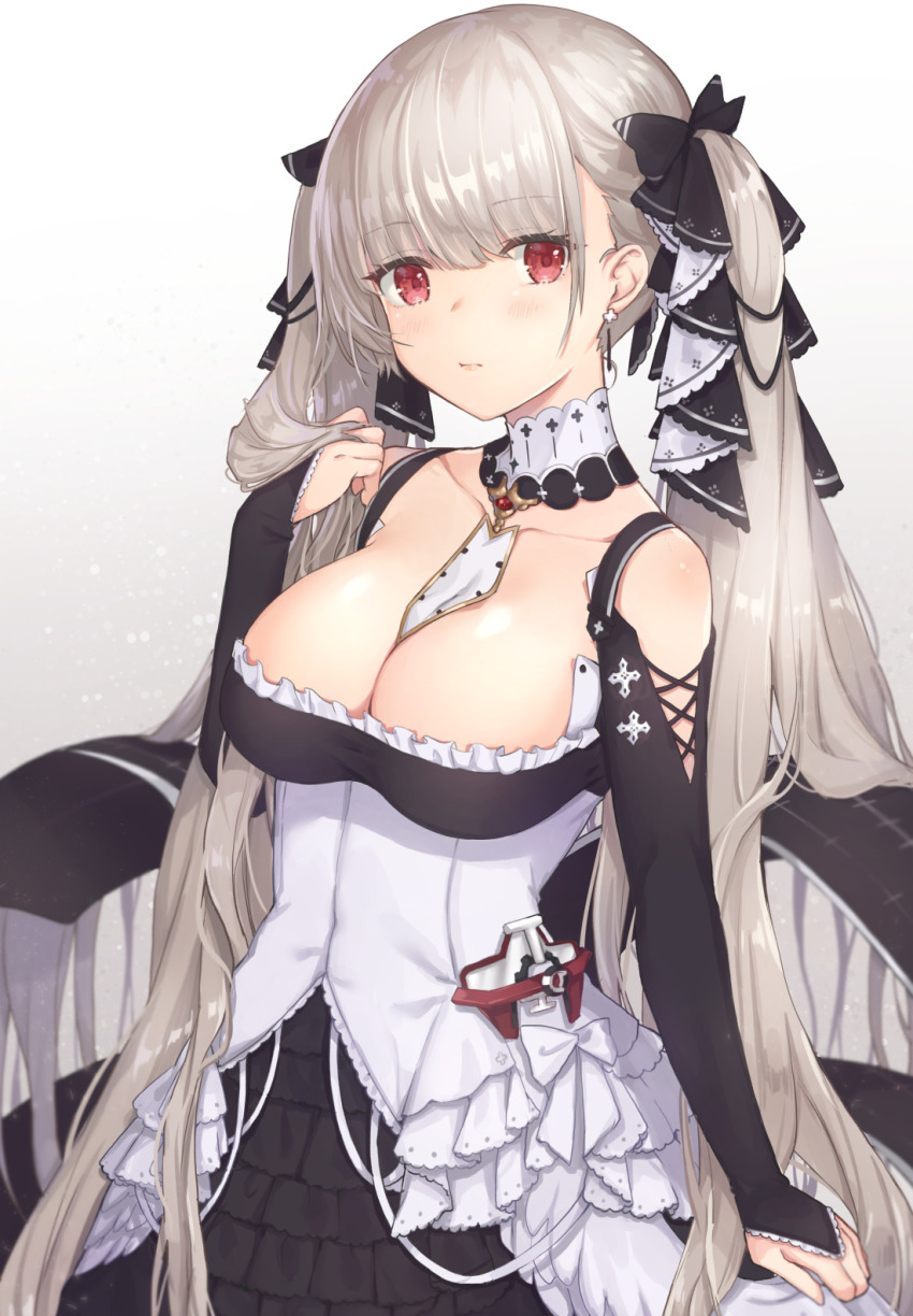 1girl azur_lane black_dress bow breasts cleavage closed_mouth collarbone detached_collar dress earrings female_focus formidable_(azur_lane) frilled_dress frills gradient_background hair_bow hand_up highres jewelry kon_(k0n16) large_breasts long_hair long_sleeves looking_at_viewer red_eyes silver_hair solo twintails upper_body very_long_hair