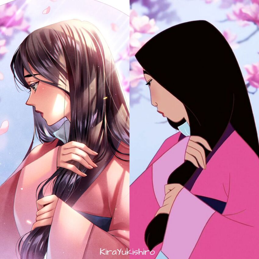 1girl animification black_hair brown_eyes cherry_blossoms chinese_clothes clip_studio_paint_(medium) disney dress fa_mulan_(disney) hanfu highres kira_yukishiro long_hair mulan_(movie) petals reference_inset reference_sheet scene_reference solo tagme