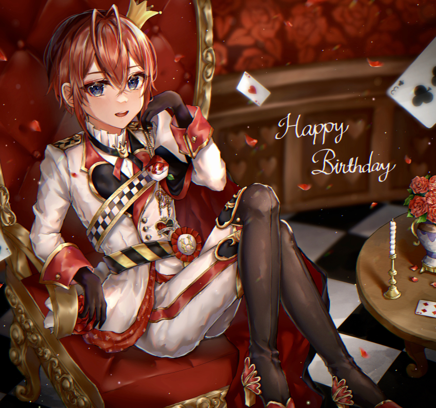 1boy absurdres blue_eyes blush candle card crown flower formal_clothes heart_card highres looking_at_viewer male_focus red_hair riddle_rosehearts rose short_hair sitting suit syatihoko throne twisted_wonderland white_suit
