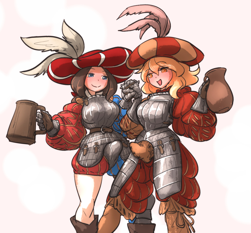 2girls armor beer_mug blue_eyes boobplate boots breastplate brown_hair codpiece commentary commentary_request cup drunk english_commentary faulds greaves hat highres holding_hands interlocked_fingers ironlily jug_(bottle) landsknecht landsknecht_(ironlily) long_sleeves mug multiple_girls original phallic_symbol puffy_long_sleeves puffy_sleeves simple_background single_greave smile tankard yuri