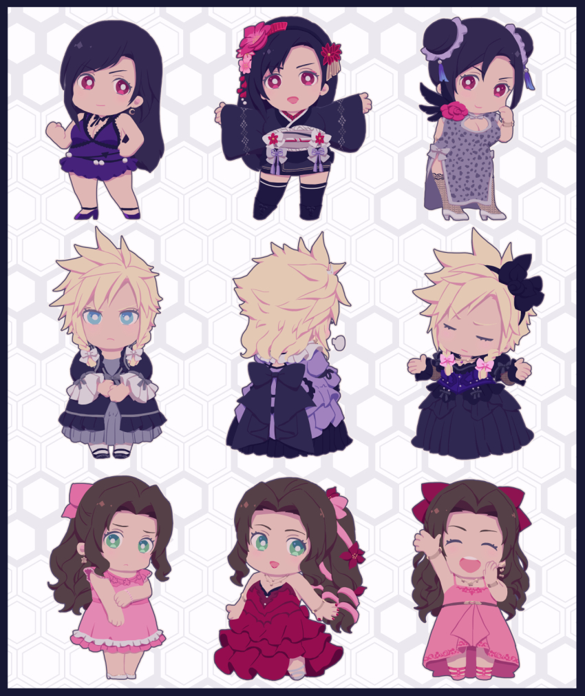 1boy 2girls aerith_gainsborough aerith_gainsborough_(cheap_pink_dress) aerith_gainsborough_(red_dress) aerith_gainsborough_(ruddy_pink_dress) animal_print arm_up black_hair black_kimono black_thighhighs blonde_hair blue_dress braid brown_hair chibi china_dress chinese_clothes cleavage_cutout closed_eyes closed_mouth clothing_cutout cloud_strife cloud_strife_(ball_gown) cloud_strife_(black_dress) cloud_strife_(blue_dress) commentary_request corset crossdressing double_bun dress final_fantasy final_fantasy_vii final_fantasy_vii_remake fishnet_thighhighs fishnets flower from_behind full_body green_eyes grey_dress hair_bun hair_flower hair_ornament hair_ribbon high_heels highres japanese_clothes kimono leopard_print long_hair looking_at_viewer low_twin_braids multiple_girls multiple_views official_alternate_costume official_alternate_hairstyle open_mouth outstretched_arms parted_bangs pink_dress pink_ribbon print_dress puff_of_air red_dress red_eyes red_flower ribbon saki_(hxaxcxk) short_kimono sleeveless sleeveless_dress smile spiked_hair strapless strapless_dress swept_bangs thighhighs tifa_lockhart tifa_lockhart_(exotic_dress) tifa_lockhart_(refined_dress) tifa_lockhart_(sporty_dress) twin_braids wide_sleeves