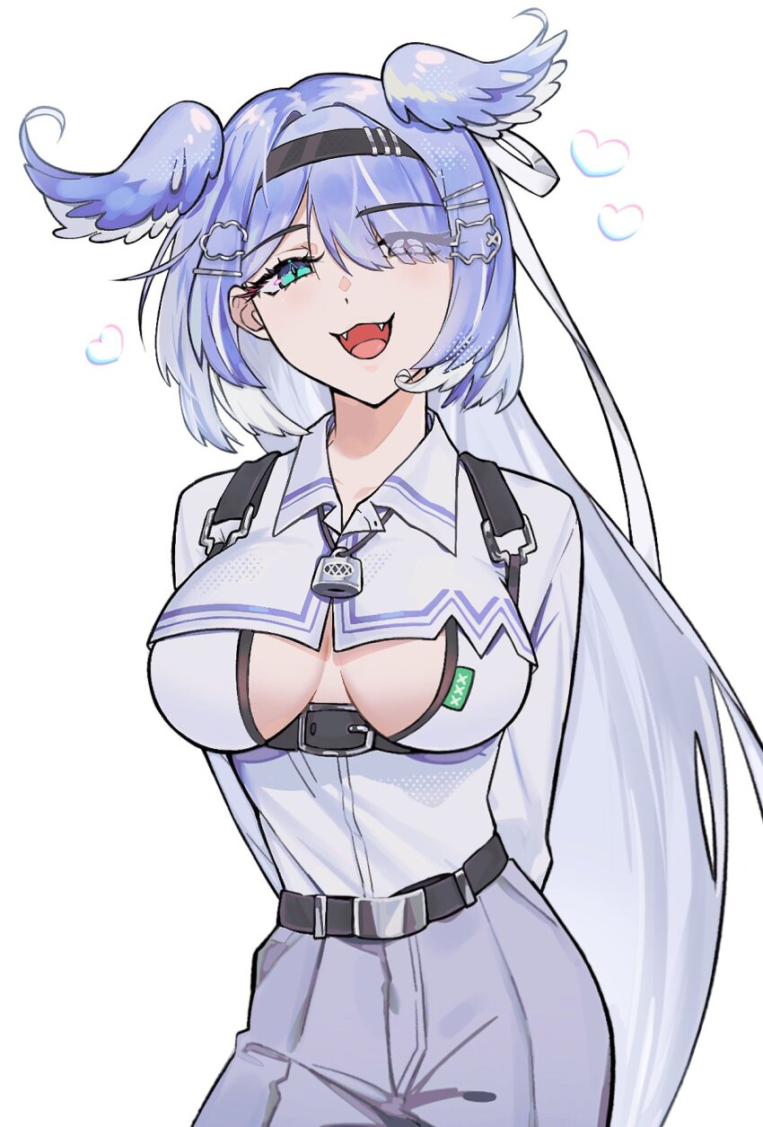 0tter_o0 1girl :3 :d aqua_eyes arms_behind_back breasts chest_harness cleavage_cutout clothing_cutout cowboy_shot elira_pendora elira_pendora_(4th_costume) fangs hair_intakes hair_ornament hair_over_one_eye hairband hairclip harness head_wings heart highres large_breasts lock_necklace long_hair looking_at_viewer nijisanji nijisanji_en open_mouth simple_background smile solo translucent_hair very_long_hair virtual_youtuber white_background wings