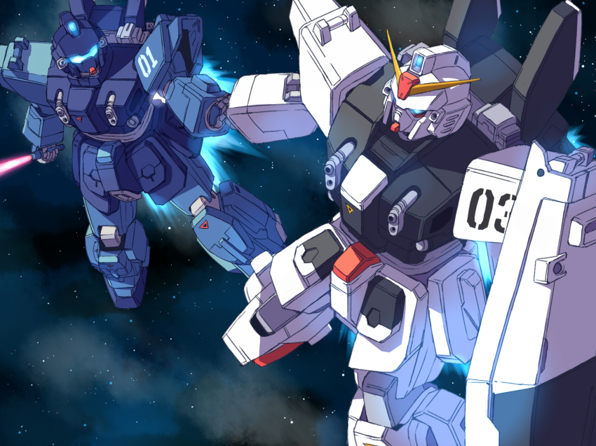 atsushi/hao blue_destiny_01 blue_destiny_03 energy_sword gundam gundam_side_story:_the_blue_destiny highres holding_hands mecha no_humans robot space sword weapon